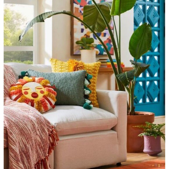 Opalhouse Sun Face Round Throw Pillow Gold - Fringed and Embroidered - New - Picture 2 of 6